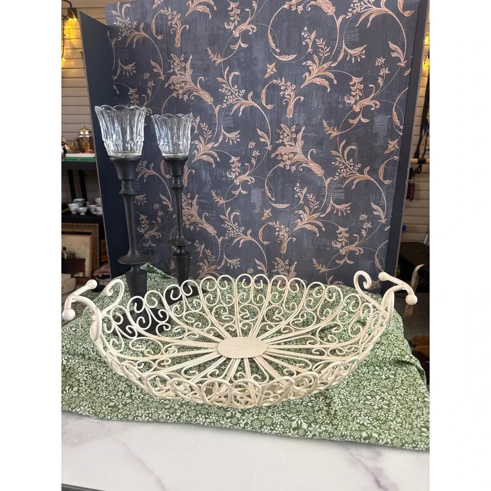Vintage Cream Metal Scroll Wire Filigree Decorative Centerpiece Basket 18in